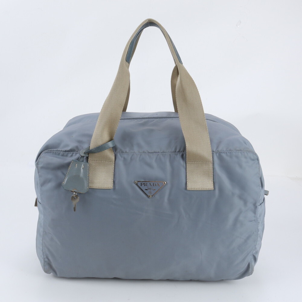 Prada Tessuto Nylon Triangle Logo Leather Boston Bag Tote for Men and Women